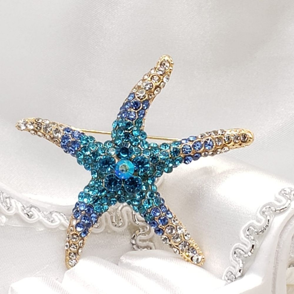 Brand New Blue Rhinestone Starfish Brooch Pin